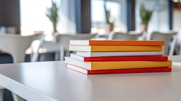 Captura recortada de mesa blanca con libros de papelería y espacio de copia en la sala de estudio borrosa Ai generativo