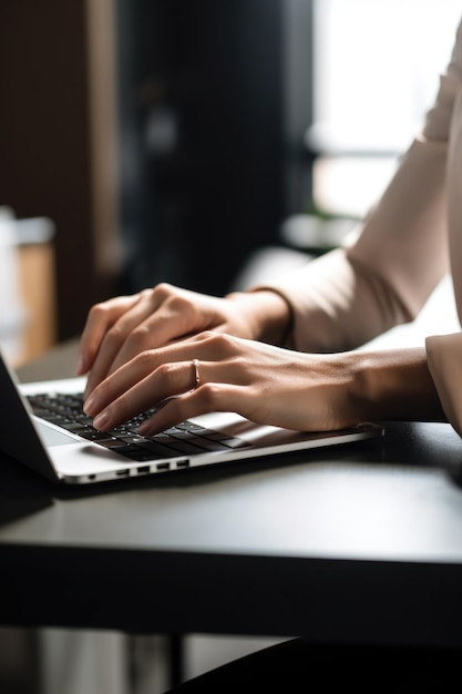 Captura recortada de una mujer irreconocible que trabaja en una computadora portátil en su oficina creada con IA generativa