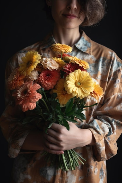 Captura recortada de una mujer irreconocible sosteniendo un ramo de flores creado con ai generativo