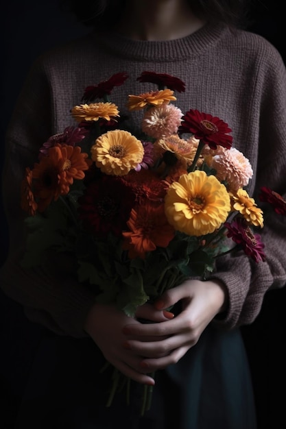 Captura recortada de una mujer irreconocible sosteniendo un ramo de flores creado con ai generativo