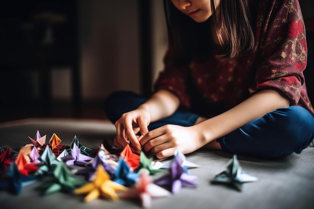 Captura recortada de una mujer joven haciendo origami creado con ai generativo