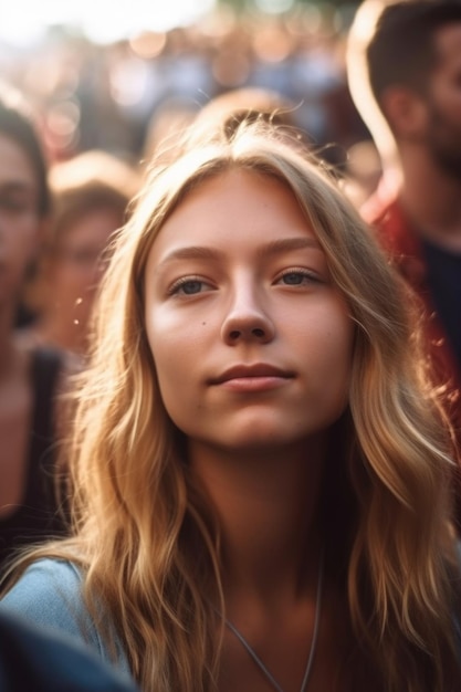 Captura recortada de una mujer joven en la multitud en un festival de música al aire libre creado con ai generativo