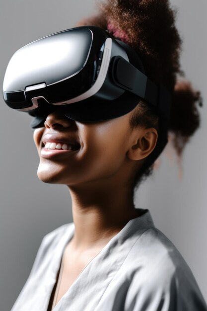 Captura recortada de una mujer joven que usa un casco de realidad virtual creado con inteligencia artificial generativa