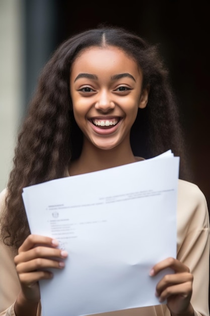 Captura recortada de una mujer joven sosteniendo los resultados de su examen creados con IA generativa