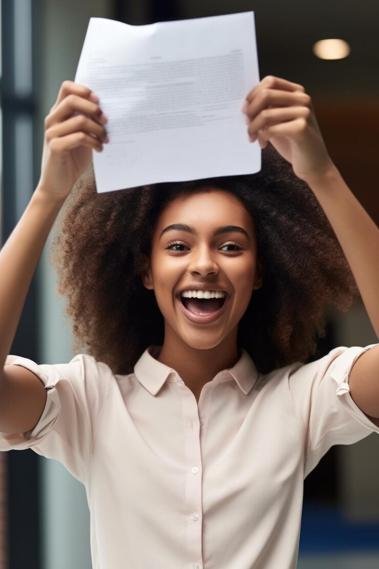 Captura recortada de una mujer joven sosteniendo los resultados de su examen creados con IA generativa