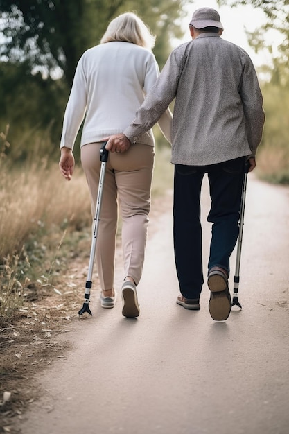Foto captura recortada de una mujer que lleva a su esposo mientras caminan por un camino creado con inteligencia artificial generativa