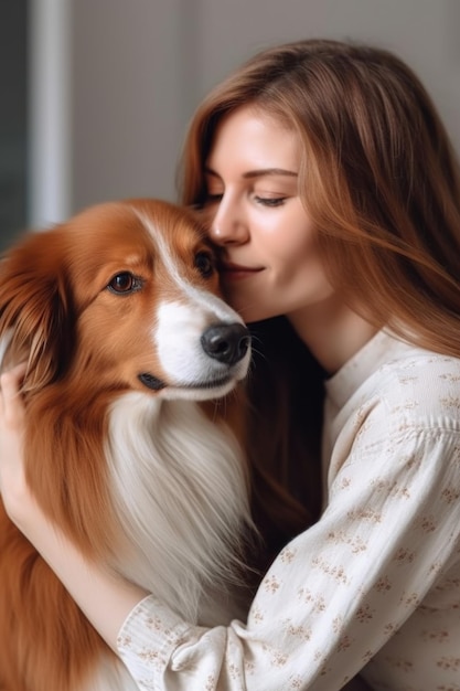 Captura recortada de una mujer con su perro de apoyo emocional creado con inteligencia artificial generativa