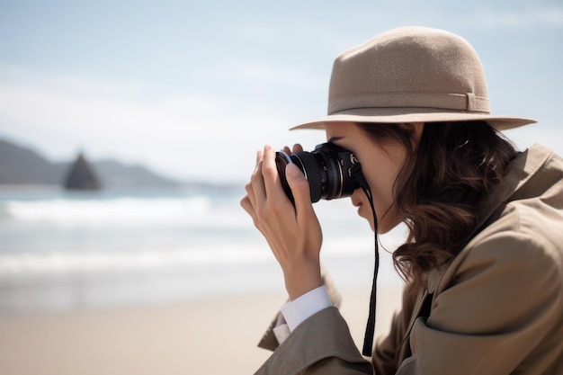 Captura recortada de una mujer tomando fotos con su cámara en la playa creada con IA generativa