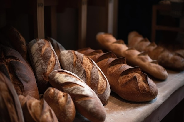 Captura recortada de pan recién horneado en una panadería creada con IA generativa