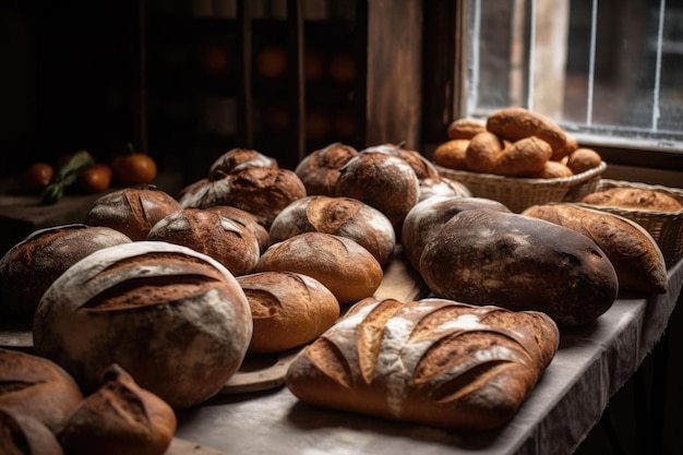 Captura recortada de pan recién horneado en una panadería creada con IA generativa