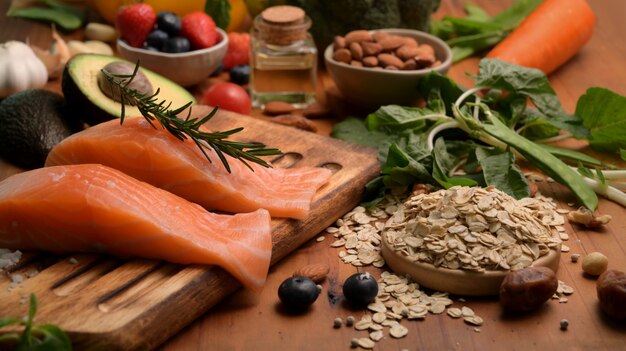 Foto captura recortada de surtido de alimentos saludables con salmón, frutas, verduras y semillas en la mesa rústica