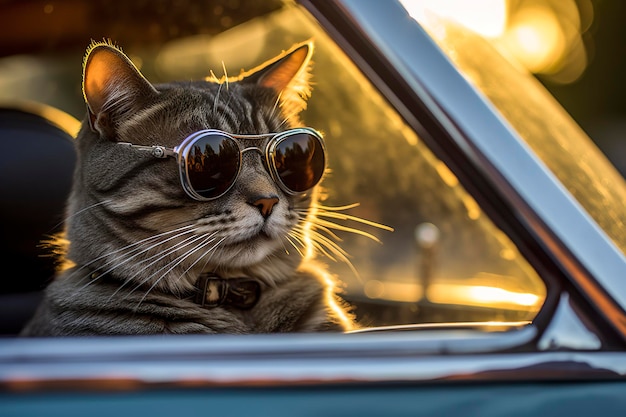 Captura un reflejo de ensueño al fotografiar a un gato con gafas de sol con una Leica M6 antigua que resalta la textura y el contraste de un auto antiguo AI Generative