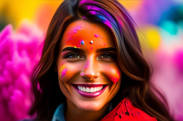 Captura de retrato de la encantadora chica rubia caucásica con pinturas de colores en la cara sonriendo