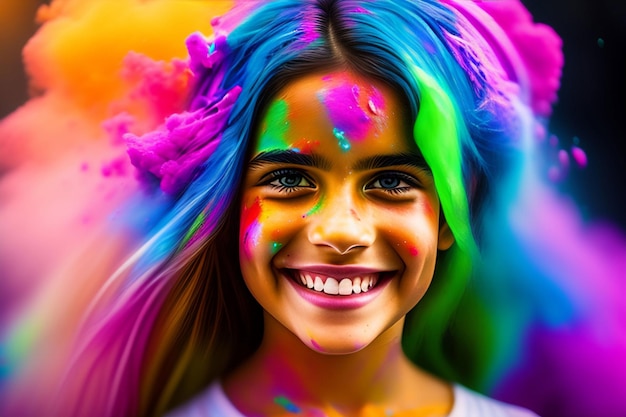 Captura de retrato de la encantadora chica rubia caucásica con pinturas de colores en la cara sonriendo