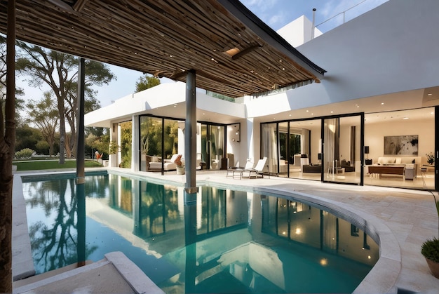 Captura la tranquilidad de una villa moderna con una piscina turquesa