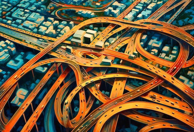 Capturado de cima, uma rede de rodovias interestaduais cruza um testemunho hipnotizante da conectividade moderna e do pulso das viagens.