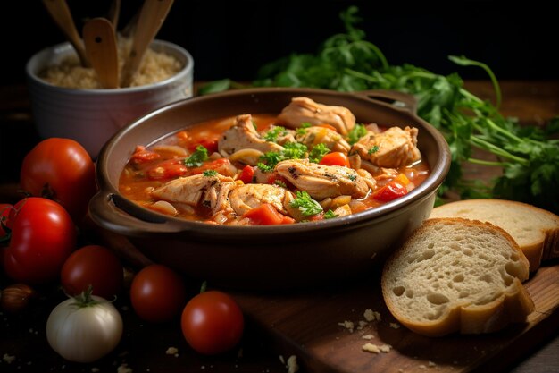 Capturado guisado de frango com pão e tomates