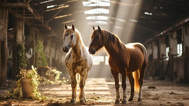 Capturados en un establo rústico bañado en la suave luz del sol dos majestuosos caballos están uno al lado del otro