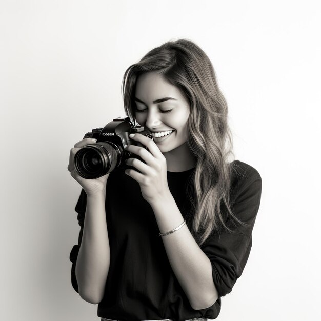 Capturando a beleza atemporal Uma fotógrafa minimalista sorridente em preto e branco