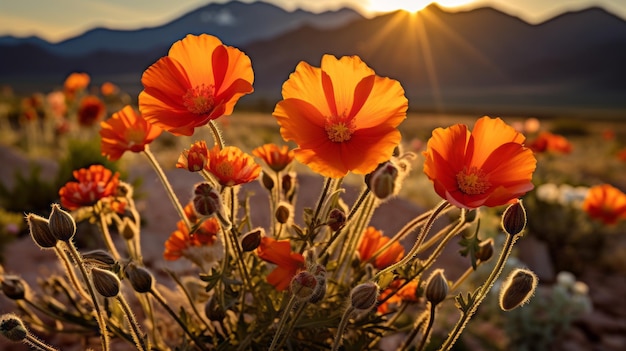 Capturando a beleza das flores de papoula laranja do deserto ao pôr-do-sol