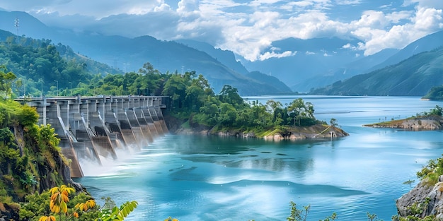 Foto capturando a beleza de uma barragem hidrelétrica em um vale verdejante uma vitrine de conceito de energia renovável hidroeletricidade energia renovável fotografia de barragem tecnologia verde paisagem do vale
