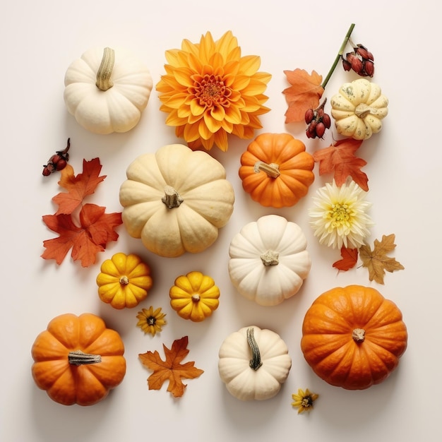 Capturando a beleza do outono, uma maquete impressionante de abóboras e flores de outono em um fundo branco sereno