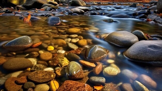 Foto capturando a essência da natureza um rio sereno entre folhas caídas