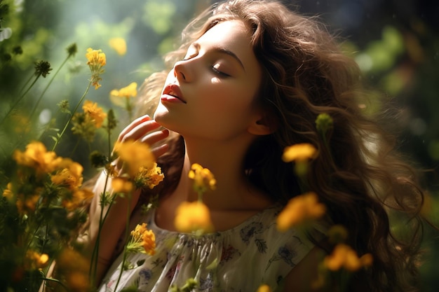 Capturando a essência da primavera Uma menina absorvida na fragrância das flores silvestres AR 32