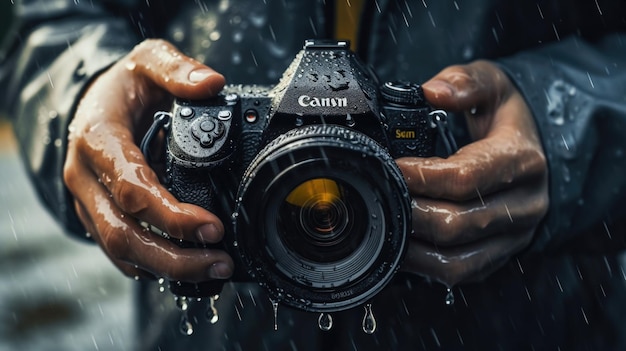 Capturando a essência das gotas de chuva em uma lente de câmera em uma cena de metafotografia