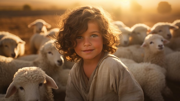 Capturando a serenidade, um retrato terno da criança Jesus Cristo pastoreando ovelhas, uma cena cativante e simbólica que incorpora a fé da inocência e o encanto pastoral da narrativa bíblica