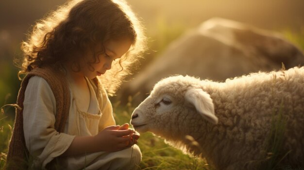 Foto capturando a serenidade um retrato terno da pequena criança jesus cristo pastoreando ovelhas uma cena cariñosa e simbólica encarnando a inocência fé e o charme pastoral da narrativa bíblica