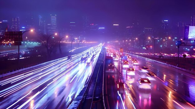 Foto capturando a vida urbana as luzes desfocadas dos carros na rodovia à noite conceito vida urbana as luzes difusas da rodovia fotografia noturna da paisagem urbana trilhas de carros