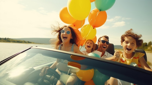 Foto capturando la alegría y la aventura desde la perspectiva de una madre en un automóvil descapotable vacaciones familiares junto al mar