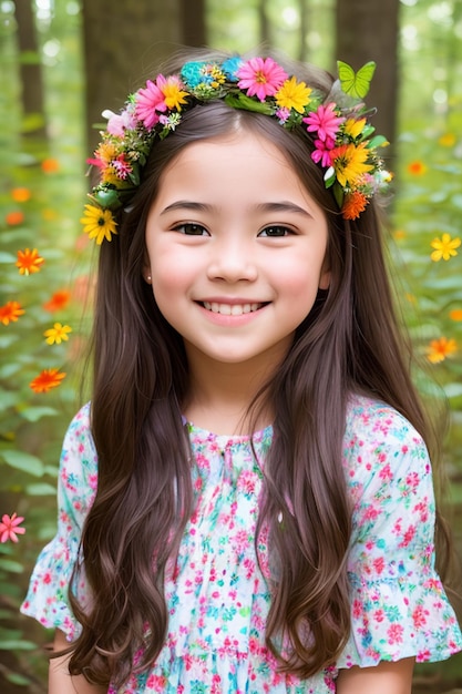 Foto capturando la alegría un impresionante retrato de una niña sonriente en medio de un floreciente bosque floral