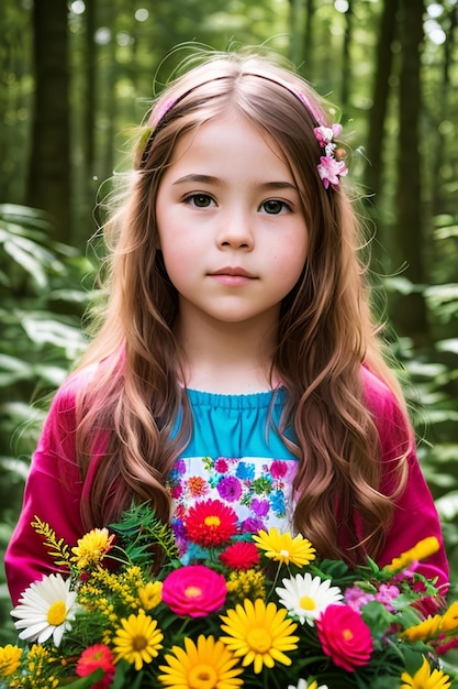 Capturando la alegría Un impresionante retrato de una niña sonriente en medio de un floreciente bosque floral
