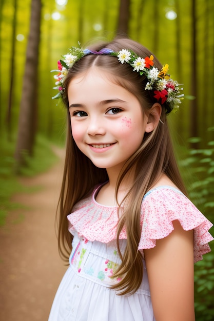 Foto capturando la alegría un impresionante retrato de una niña sonriente en medio de un floreciente bosque floral