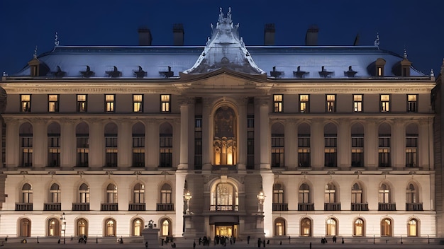 Capturando la belleza de la fachada de un famoso edificio iluminado al atardecer Foto gratis de arquitectura