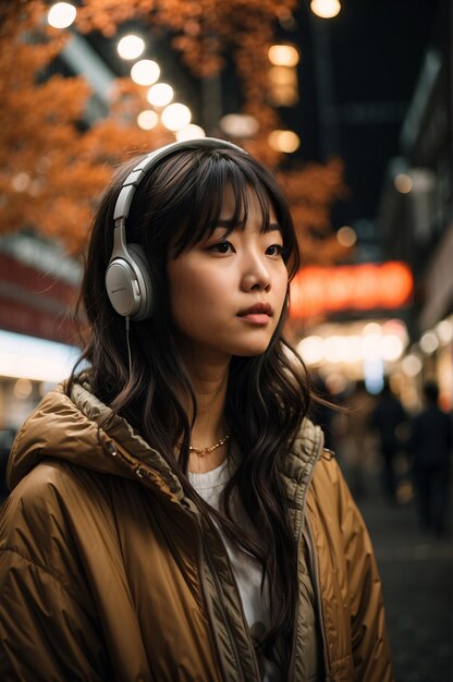 Capturando la belleza de una joven disfrutando de la música con auriculares en un retrato casual