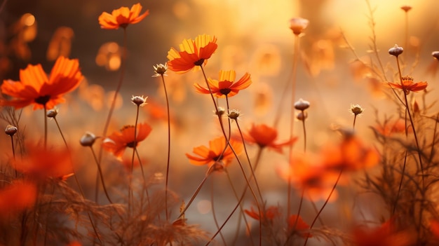 Capturando la belleza de la mañana caída flores silvestres en tonos de naranja y óxido