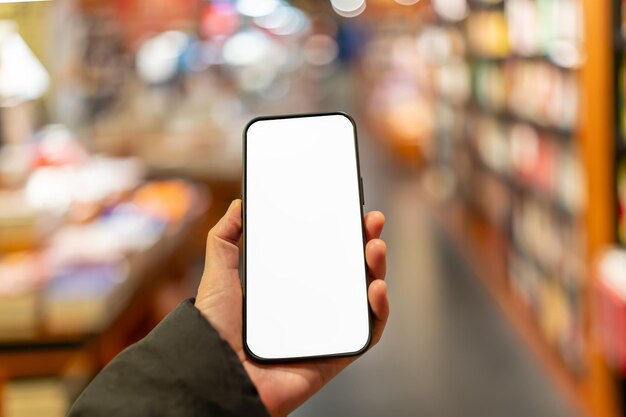 Capturando la comunicación digital Un teléfono inteligente en un ambiente acogedor de una librería