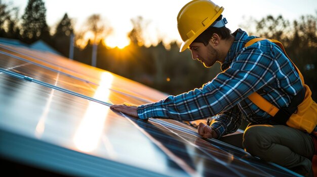 Capturando energía limpia Un artesano experimentado toma una foto de los paneles solares recién instalados en un R