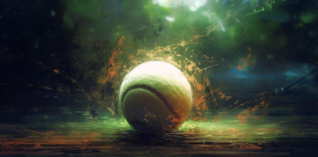 Capturando la energía vibrante una pelota de tenis brillante toma vuelo generada por la IA