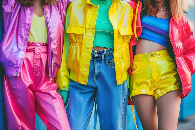 Capturando la escena de la moda callejera vibrante con ropa de colores y colores de neón influenciados por el concepto de la música discoteca Moda callejera ropa de colores neón colores de la música disco estilos vibrantes
