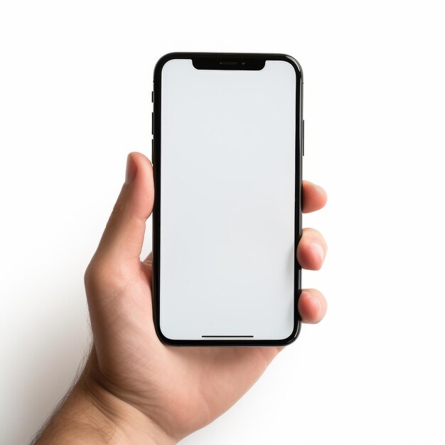 Capturando la esencia Una fotografía de cerca de un teléfono móvil en la mano sobre un fondo blanco limpio P