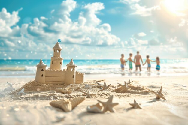 capturando una familia feliz disfrutando de un día en la playa construyendo castillos de arena con área de espacio de copia