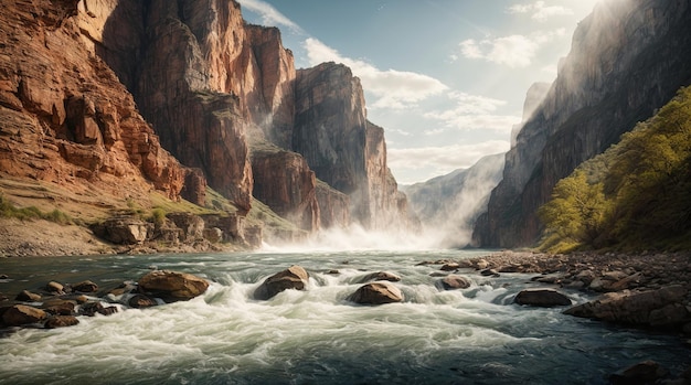 Capturando las fuerzas de la naturaleza Río que fluye a través de grandes acantilados rocosos