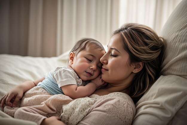 capturando un momento tierno entre una madre amorosa y su bebé recién nacido en la comodidad de su hogar