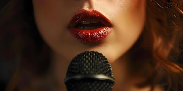 Foto capturando os detalhes íntimos um close-up de lábios de uma mulher39s falando em um microfone conceito close-up fotografia detalhes dos lábios microfone retrato de mulher momentos íntimos