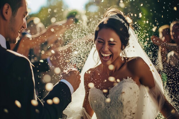 Capturando os momentos alegres dos recém-casados A cerimônia de casamento com arroz salpicado em fotografias