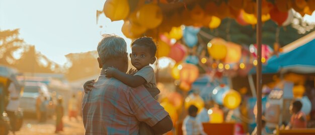 Capturando os momentos ternos avô e neto em uma feira de diversão da aldeia em Davangere, Karnataka